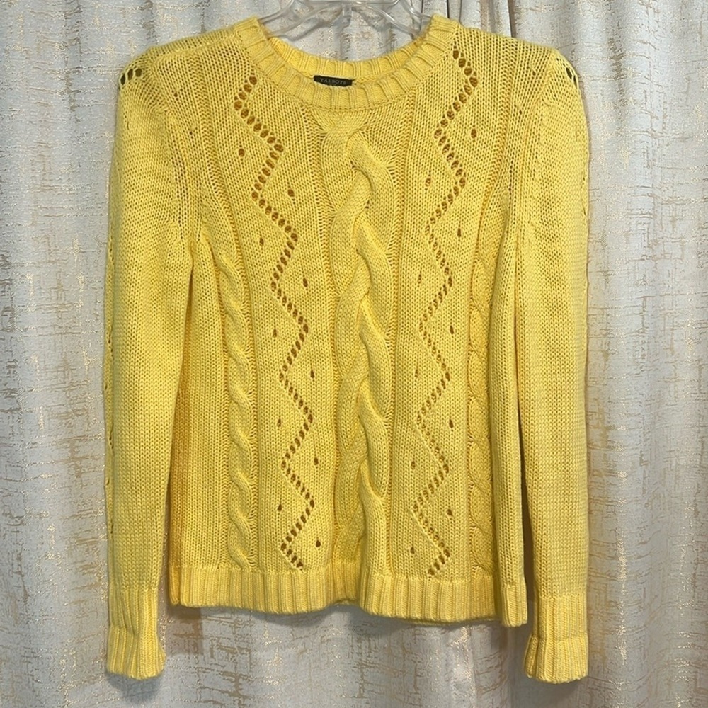 Talbots Cable Knit Sweater Women's SP Yellow Petite Pointelle Cottagecore Preppy